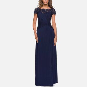 La‎ Femme 28029 Illusion Yoke Jersey Gown XL Navy